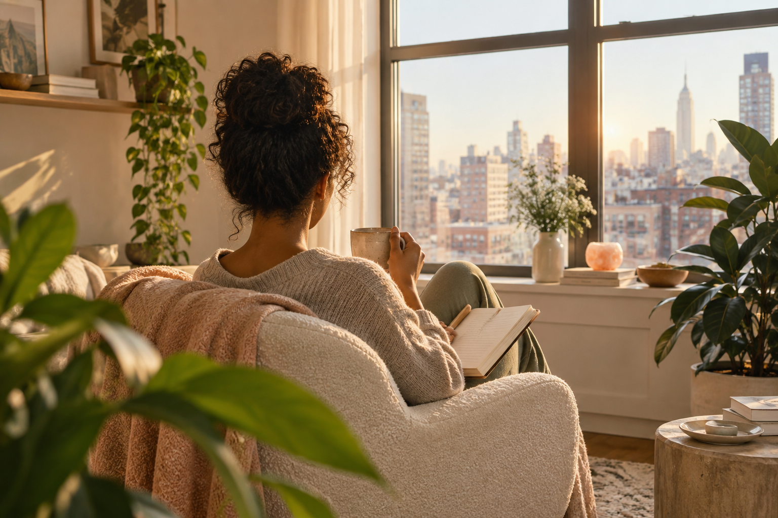 Woman journaling quietly in a sunlit New York apartment