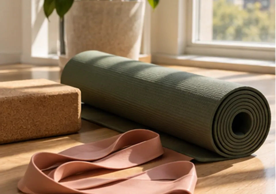 A woman setting a resistance band beside a yoga mat in a sunlit room