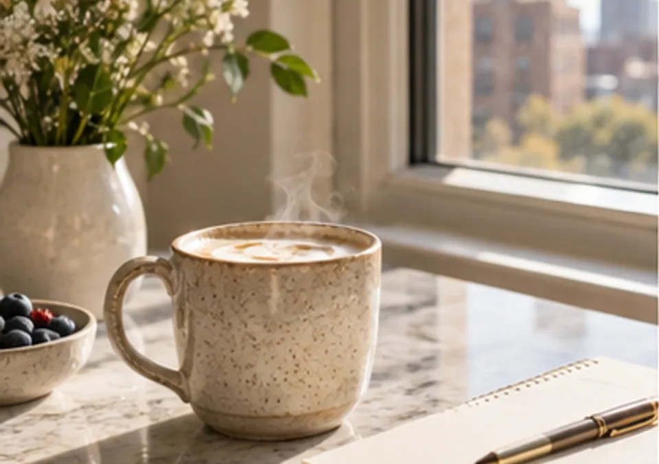 A cup of coffee beside a notebook in soft morning light