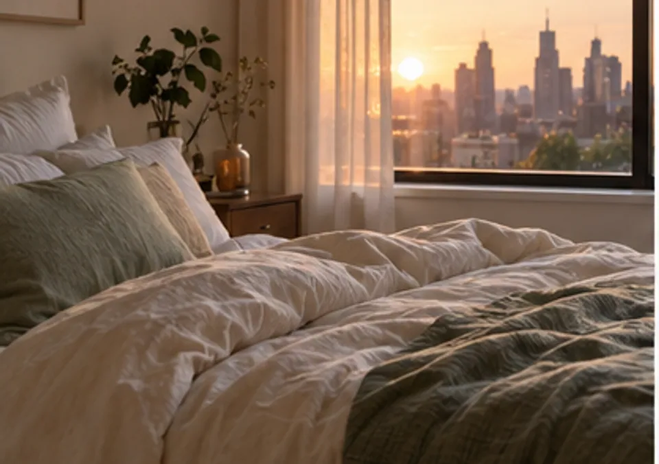 A softly lit bedside table with a book, a glass of water, and a linen sleep mask