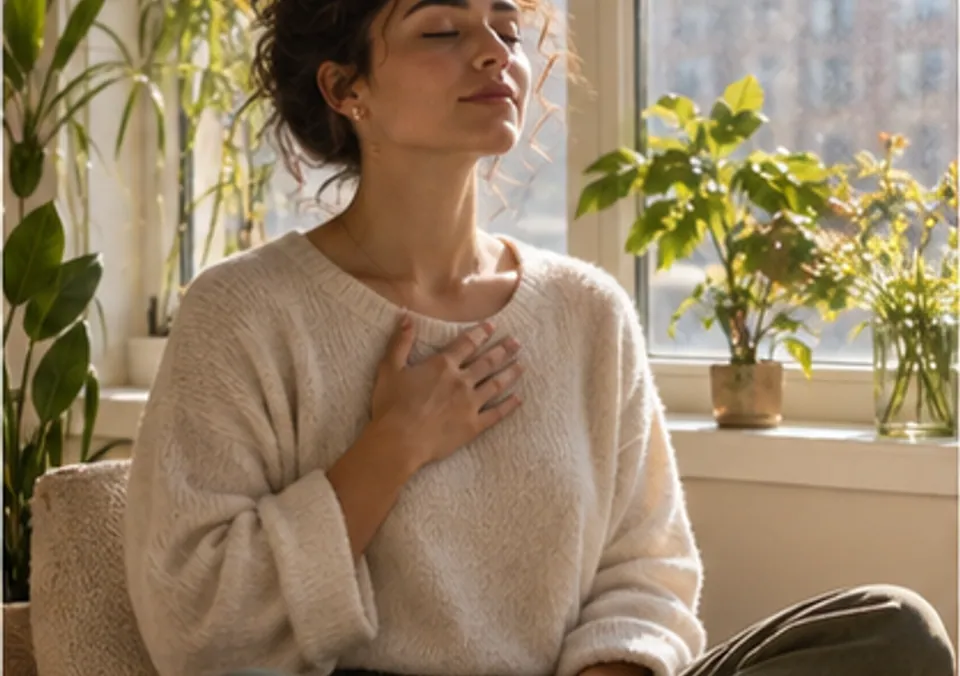A woman taking a quiet pause by a sunny window with a cup of tea