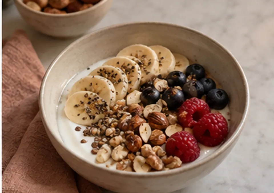 A simple evening snack of yogurt, fruit, and nuts on a light kitchen counter