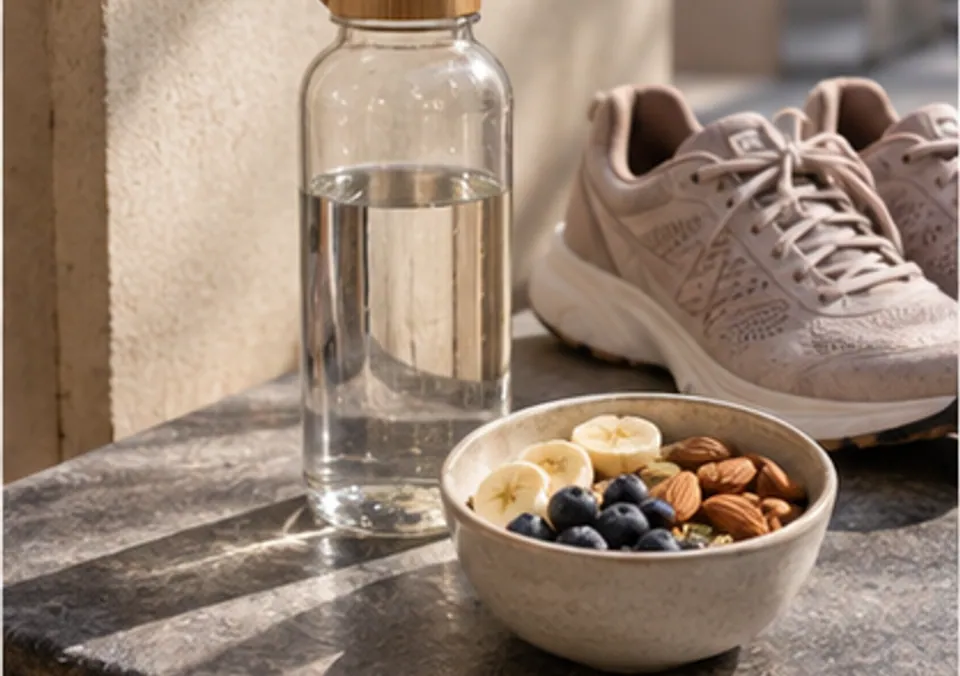 A simple snack and a water bottle beside walking shoes