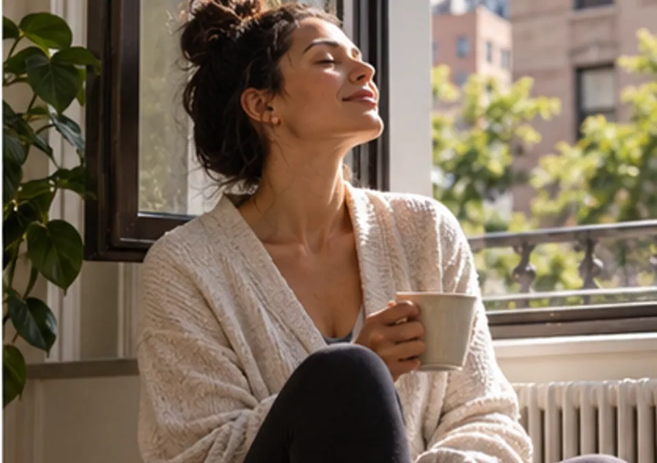 A woman reading by an open window after a gentle walk