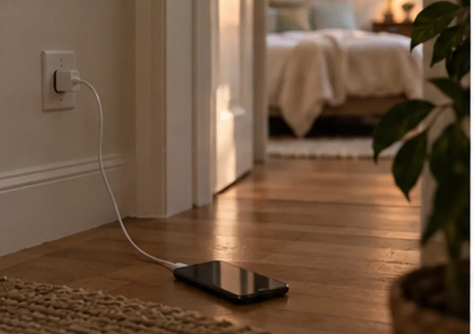A phone charging on a shelf outside a softly lit bedroom