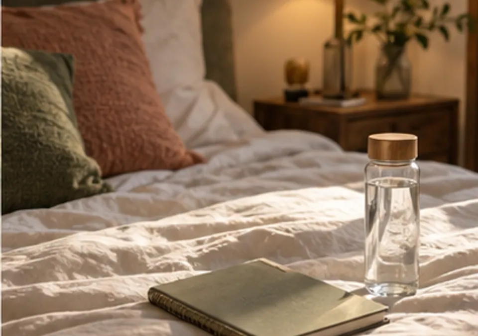 A softly lit bedroom with a notebook and a glass of water on the bedside table
