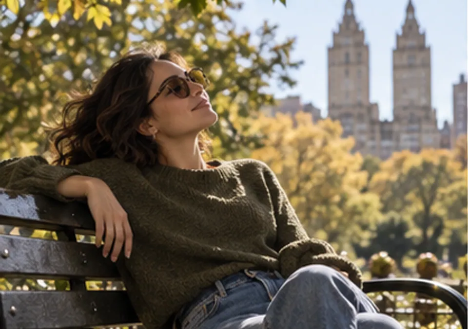 A woman resting on a park bench in gentle afternoon light