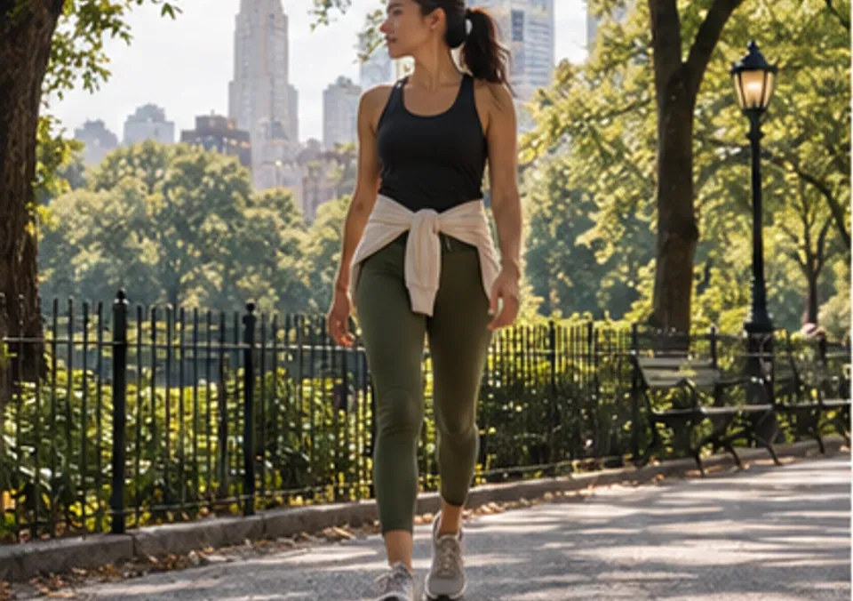 A woman walking through a leafy New York park in soft morning light