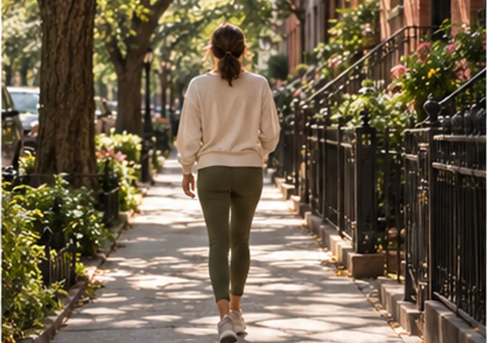A woman walking along a tree-lined city path in the morning
