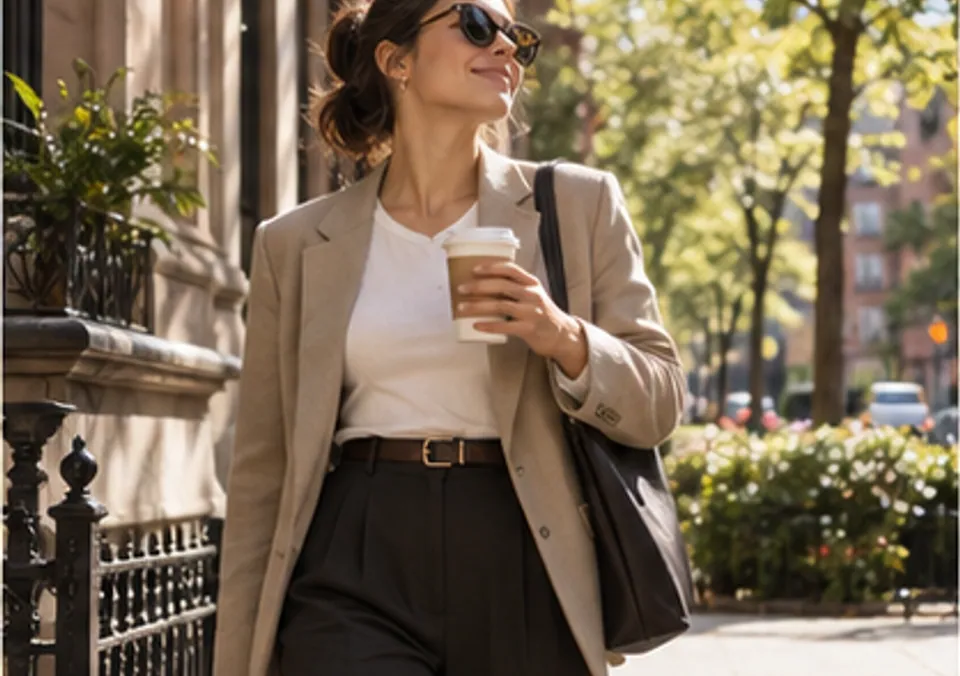 A woman stepping outside with a tote bag for a short midday walking break